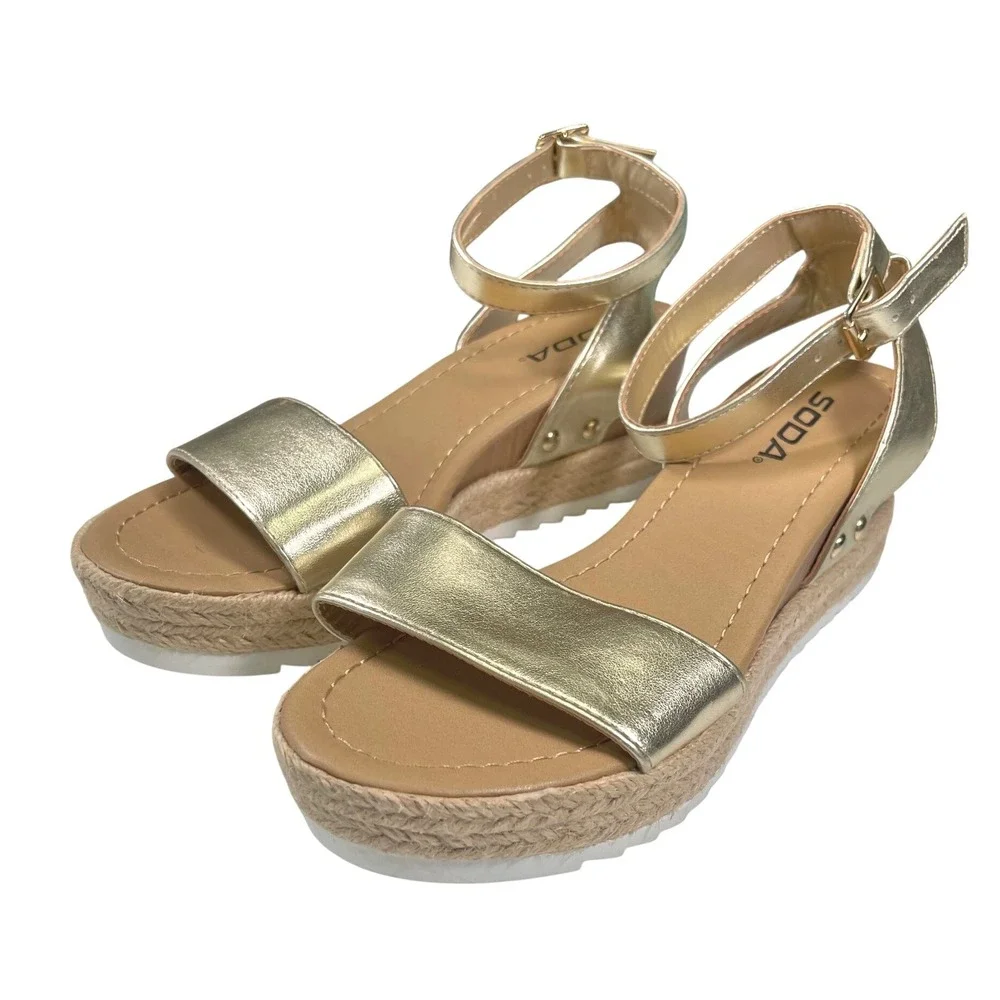 Soda 6 Gold Wedge Sandals Ankle Strap Espadrille Platform Boho Summer Glam